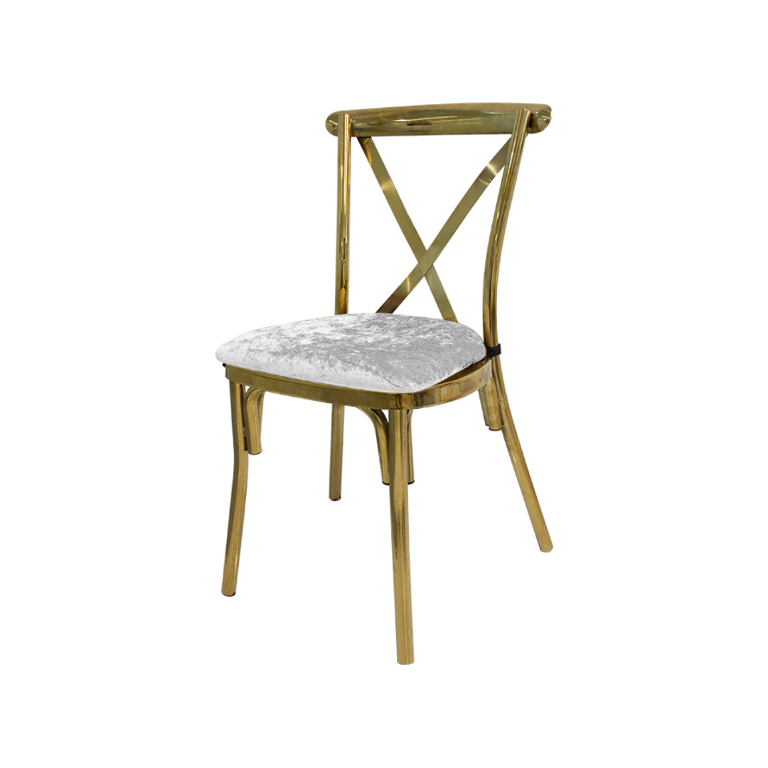 Gold cross back chair with padded cushion Gold cross back chair with padded cushion